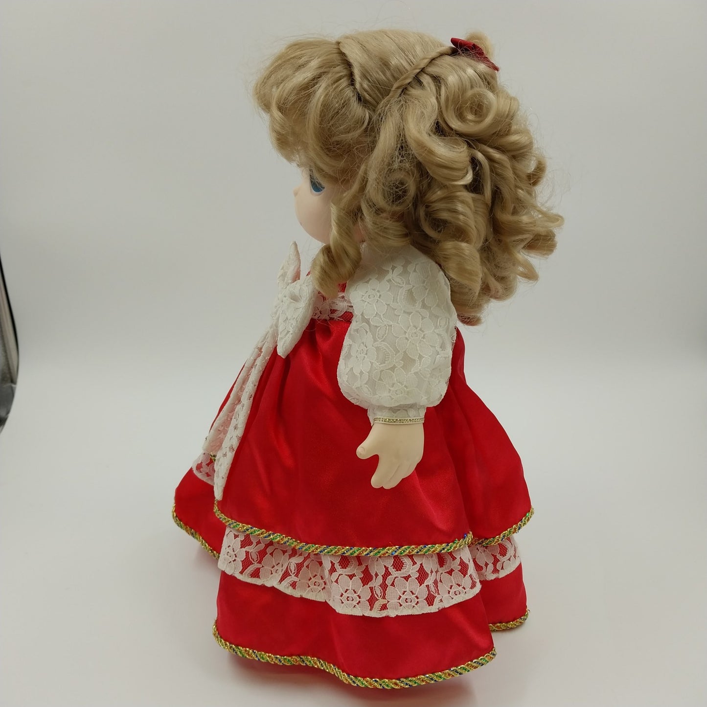 Precious Moments Doll in Red Dress White Ribbon with Stand 16"