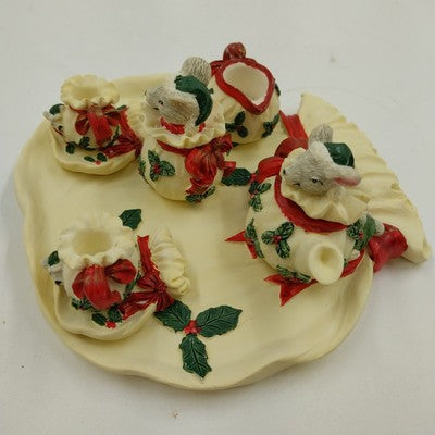 Youngs Inc Mini Tea Set 1995 Christmas Red Ribbons Holly 6" Collectible