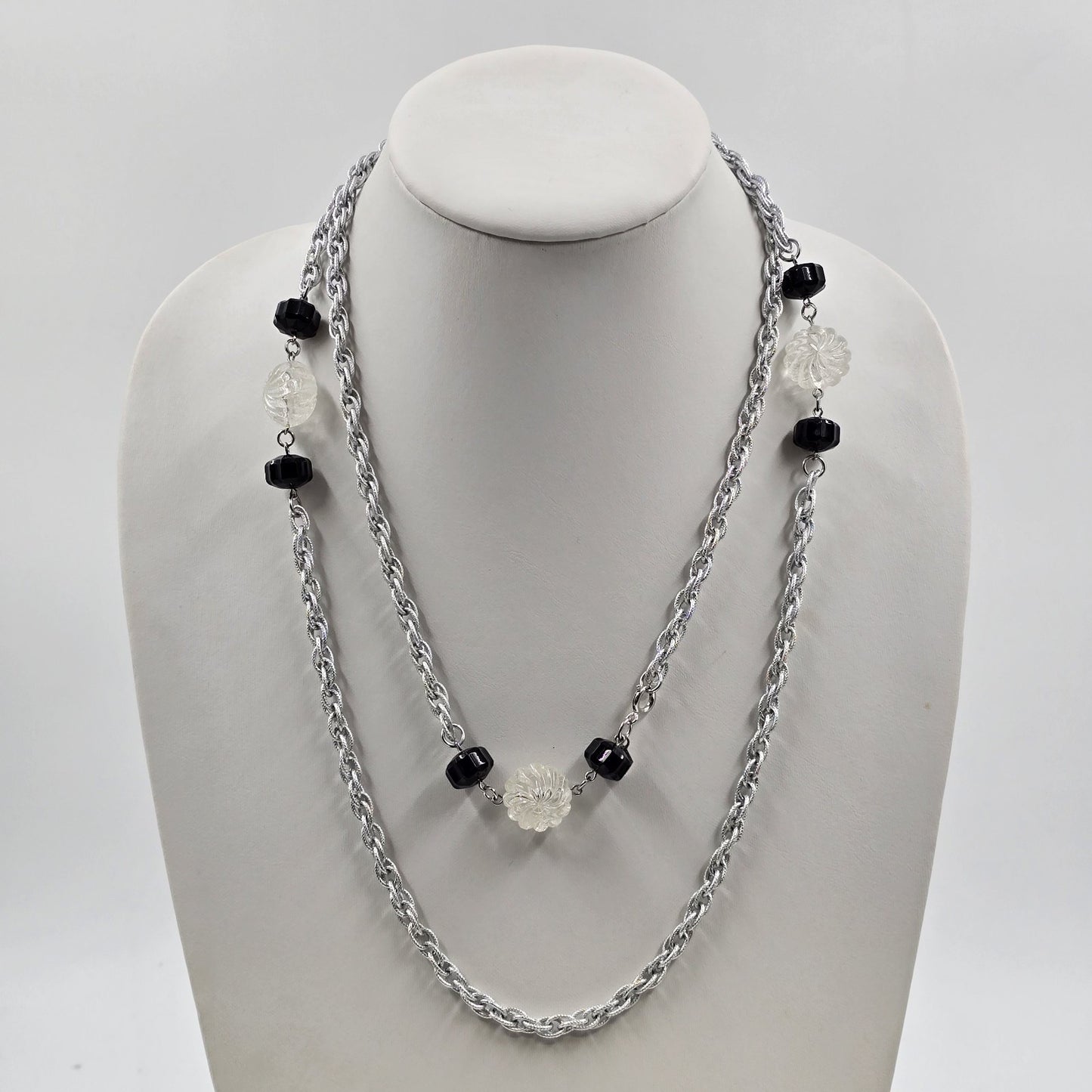 Sarah Coventry Jet Ice Necklace in Silver Tone Chain w/ Black Clear Lucite Beads