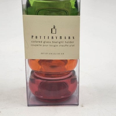 Set of 6 Pottery Barn Colored Glass Tealight Candle Holders in Original Box 7"