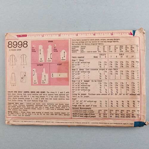 Simplicity 8998 Vintage Girls' Jumper Dress and Scarf Sewing Pattern Cut Size 8