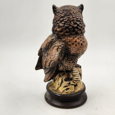 Bisque Owl Figurine on Tree Stand 12" Ceramic Hand Painted Byron Mold 1977 Vtg