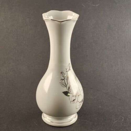 25th Anniversary Bud Vase Fine China 6½ Inch Tall White and Silver Lining