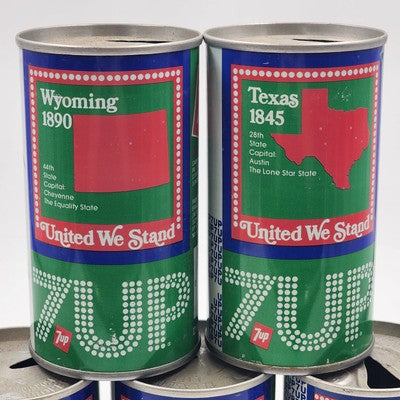 5 United We Stand 7UP Empty Pop Top Cans 1976 Bicentennial States WY TX AR TN WI