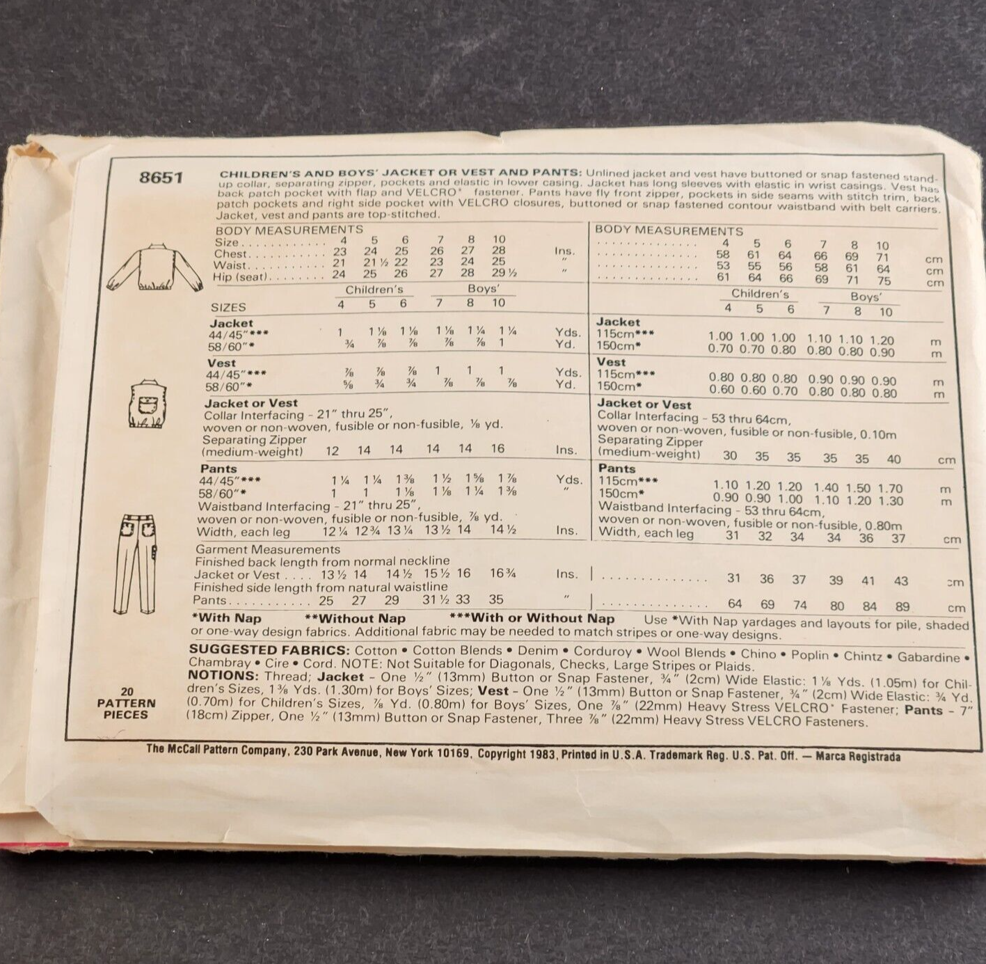 McCall's 8651 Vintage Sewing Pattern Boys Jacket Vest and Pants 1983 Size 6