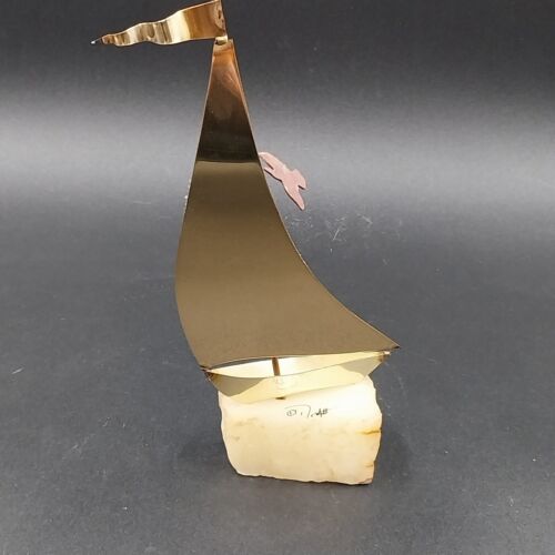 Brass Sailboat Mounted On Onyx Stone Signed John DeMott Single Sail Seagull Vtg