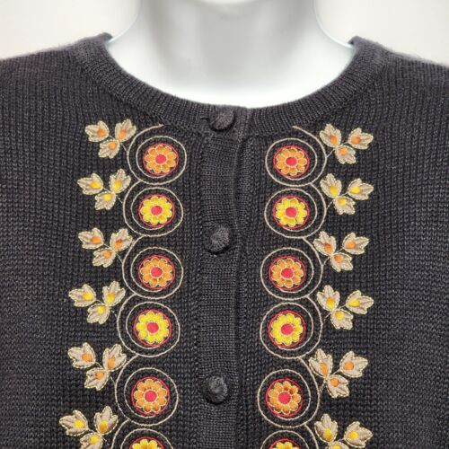 Bechamel Petites Cardigan Women's Sweater Size M Black Embroidered Floral Design