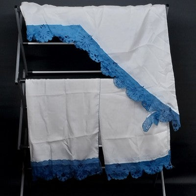 1 Pair Of Solid White Cafe & Valance Curtains w Scalloped Blue Lace Floral Trim
