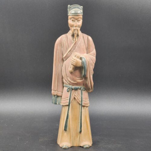 Pair of Asian Chinese Hand Carved Painted Wood Figurine Statues Vintage 14"