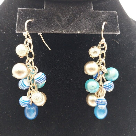 Catherines Gold Tone Blue Teal Faux Pearl Beads Dangle Earrings 2"