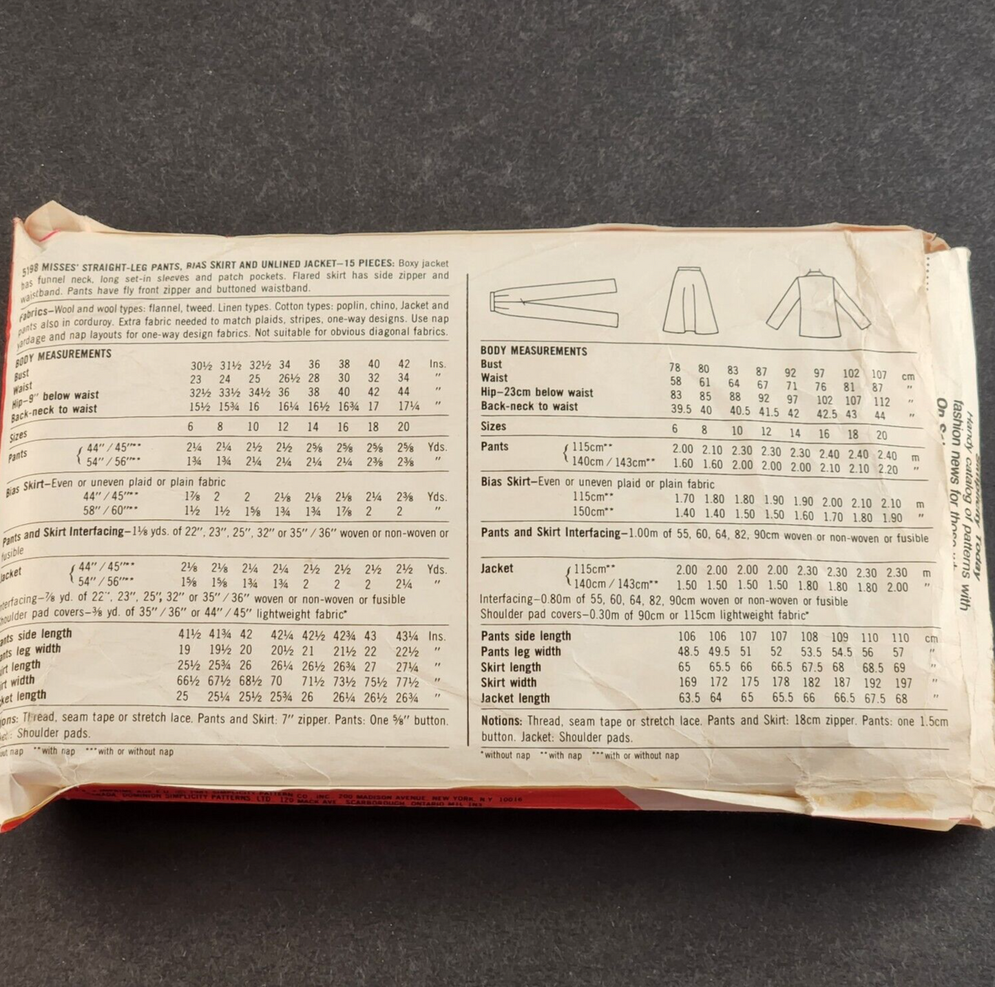 Simplicity 5198 Vintage Sewing Pattern '81 Misses Straight Pants Skirt Jacket 14