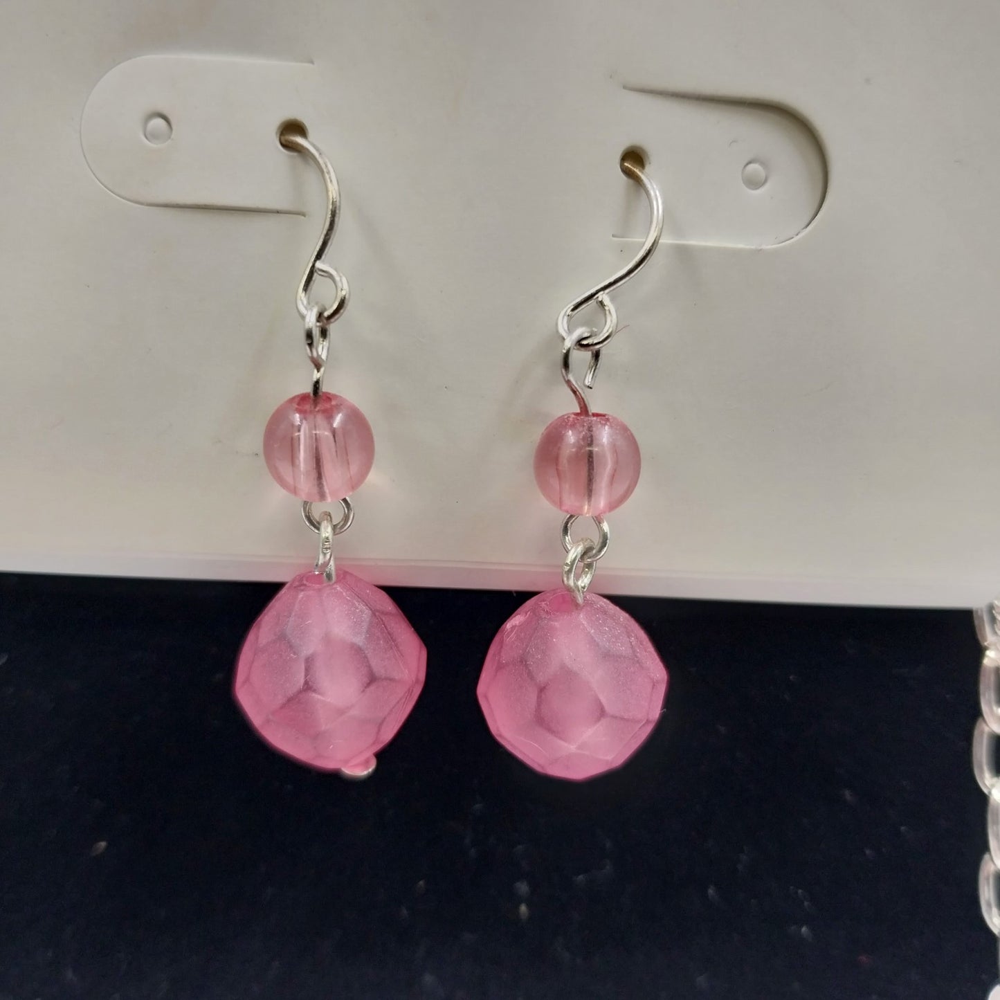 Silver Tone Necklace and Earrings Set in Pink Faux Pearl Beads Double Strand 15"