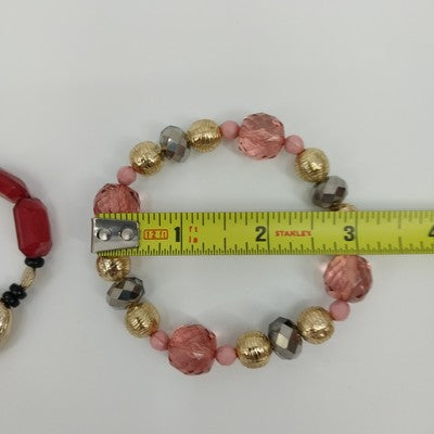 Set of 2 Bracelets Faux Pearl Multicolor Faceted Beaded w/ Gold Tone Stretch 7"