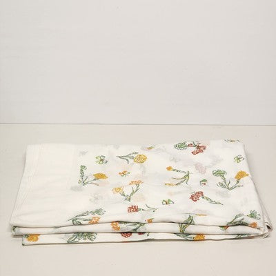 White Twin Size Flat Top Sheet Coverlet Red Yellow Floral & Butterflies Motif