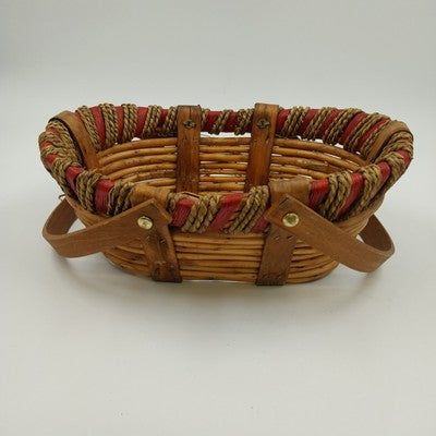Wood Rattan Picnic Fruit Basket Swivel Handle Woven Red Rim 11x8.5"
