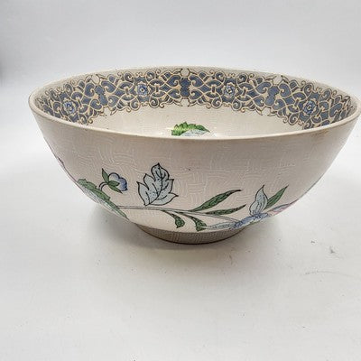 Macau Large Open Bowl 10"x4.5" Hand Painted Pink Blue Floral Design Vintage