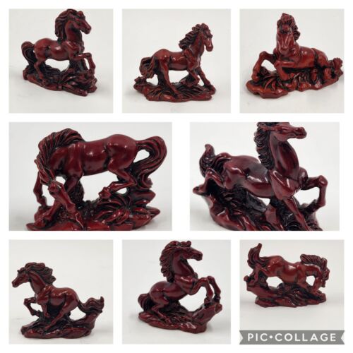 8 Horse Set Qing Feng Chinese Molded Red Resin Horses Sculpture Figurines 3"