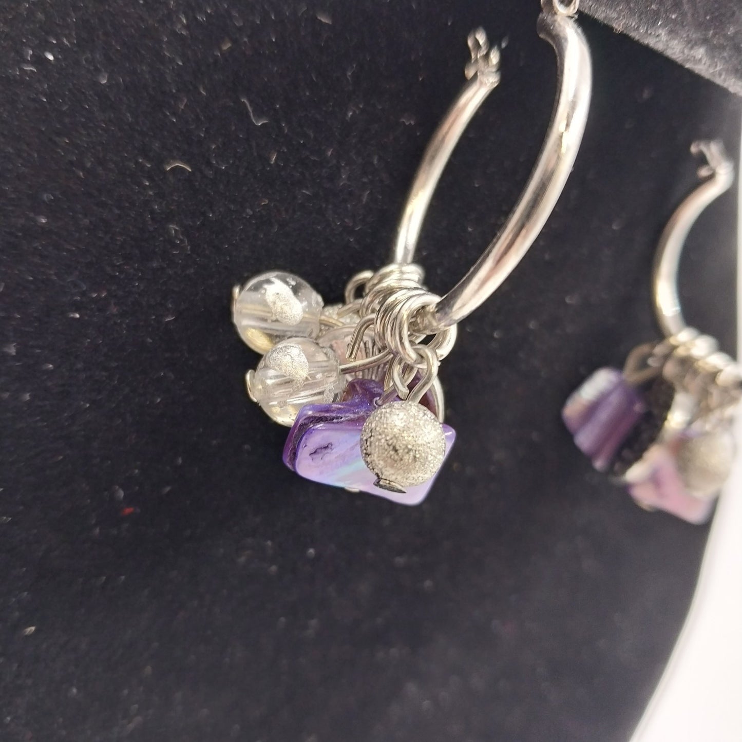 Catherines Silver Tone with Lilac Clear White Drop Dangle Beads Earrings 1"