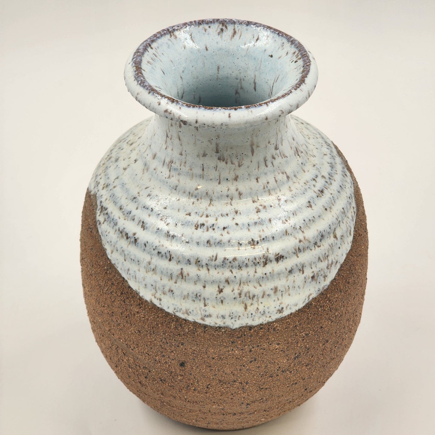 Hand Made Studio Pottery Vase 8.5"h Brown Ringed Clay Glazed Upper and Inside