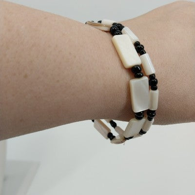 Set of 2 Bracelet Faux Pearl Black & White Beads Cylinder Rectangle Stretch 7.5"