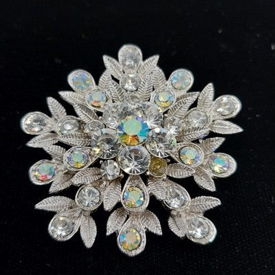 Silver Tone & Crystal Clear Rhinestone Flower with Leaf Large Brooch Pendant Pin