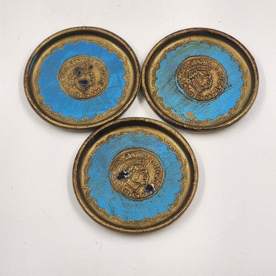 Set of 3 Italian Toleware Coasters Gold Burnt Umber Pale Blue Handcrafted Italy 3.5"