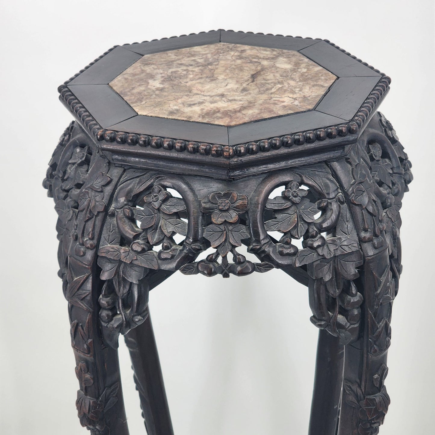 Chinese Jardiniere Tall Stand Hand Carved Wood Marble Side Pedestal Table 35"