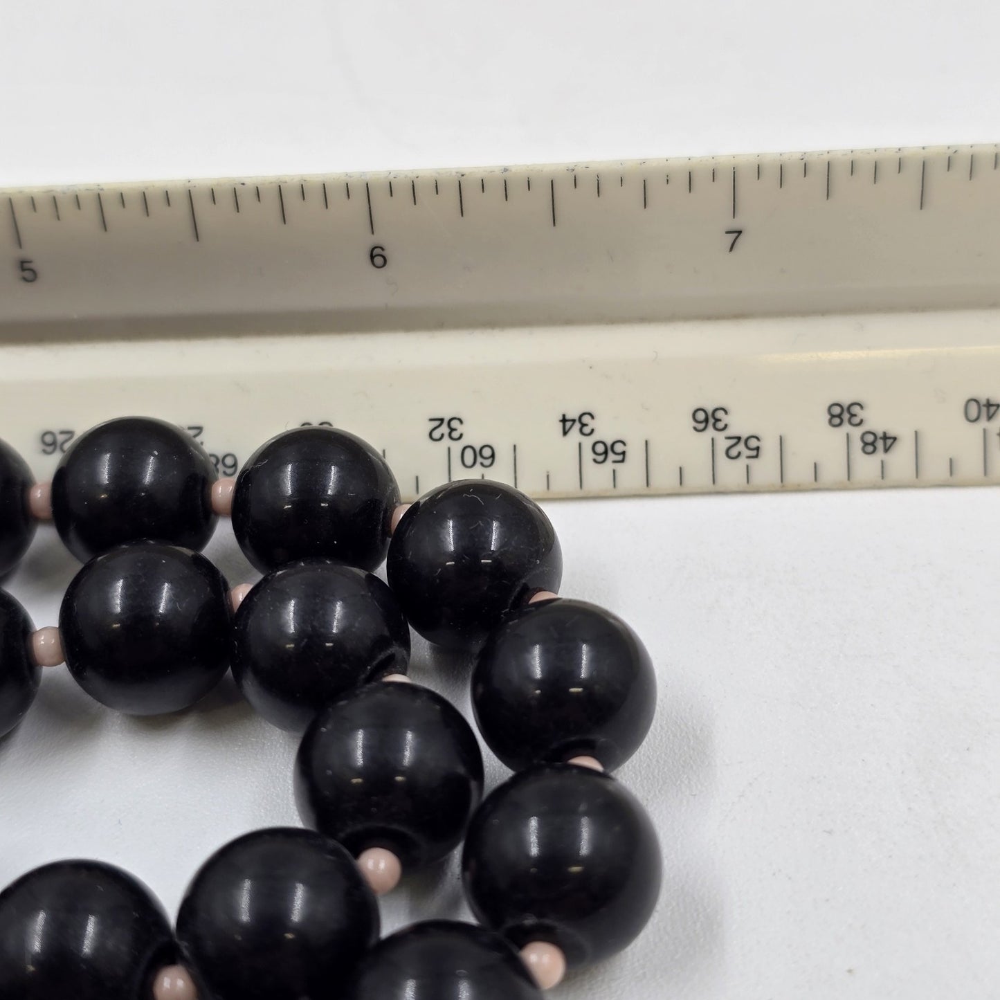 Necklace in Round Black Acrylic Beads with Pale Pink Bead Spacers 14.5"