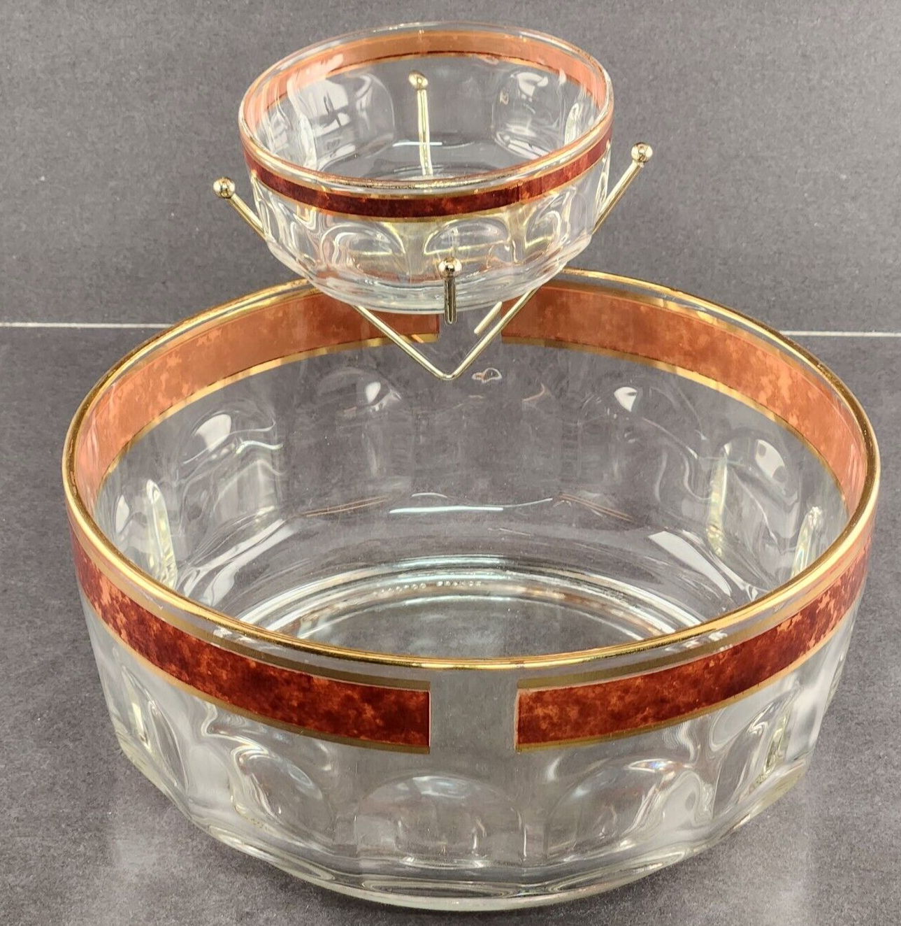 Arcoroc Glass Chip Dip Set w Dip Bowl Bracket France Brown and Gold Border Trim