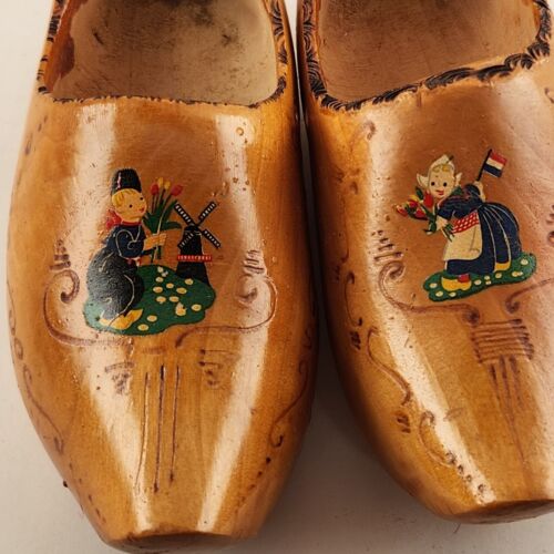 Pair Wooden Shoes Wall Hanging Small Dutch Holland Carved Planters 2 Pc 1960s