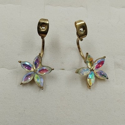 Gold Tone with Iridescent Faceted Rhinestone Flower Shape Earring Jacket Jewelry