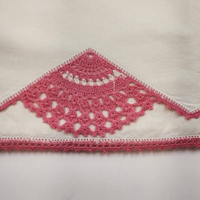 Queen Size Linen Bed Pillow Cases Hand Crocheted Pink Turn of the Century 32.5"