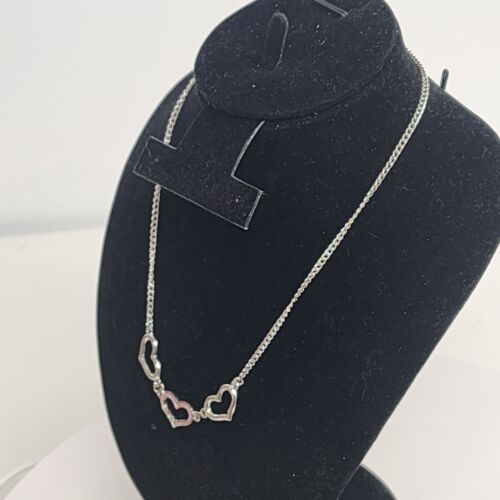 Three Heart Silver Tone Necklace 16" Pink Glitter Center Lobster Clasp Jewelry