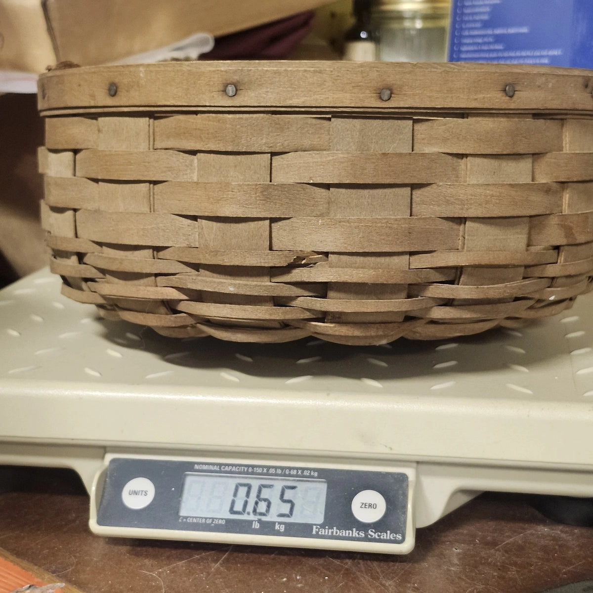 Longaberger Darning Basket 10" Round Floral Liner Double Leather Handle Vtg USA