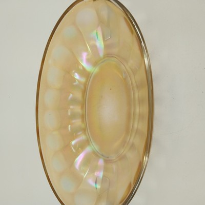 Jeannette Carnival Glass Iridescent Marigold Bowl Twin Clear Handle Large 10.5"