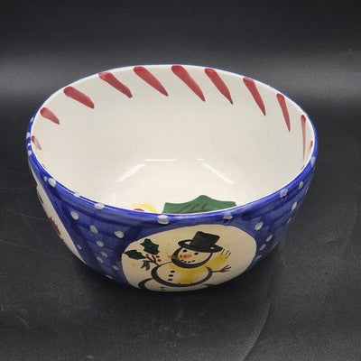 Large Serving Bowl 12" by Present Tense Italy Hand Painted Snowman & Holly Leaf