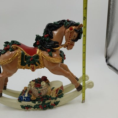 Christmas Holiday Decoration Musical Rocking Horse Basket of Toys Polyresin 12"