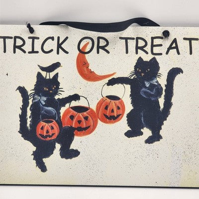 Halloween Sign Two Black Cats Trick or Treat Pumpkin Buckets 10.5"x16" Decor