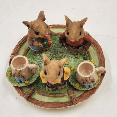 8 pcs Mini Mice Mouse Miniature Tea Set 4" Resin Vintage 1990s Collectible China