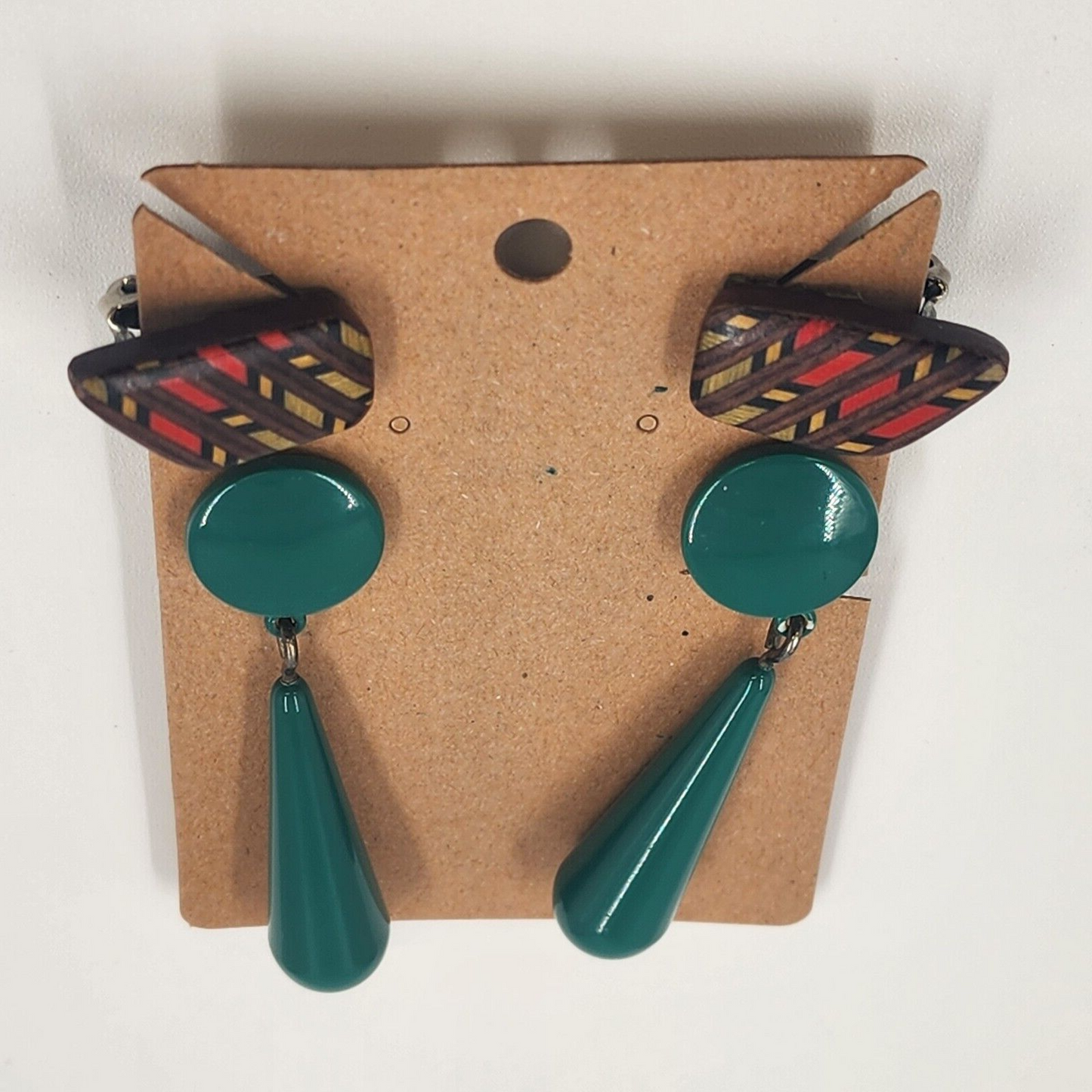 2 Pair Clip-On Earrings Teal Lucite Drop Dangle & Brown w Red Beige Stripes Vtg