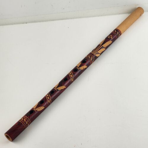 Ornate Hand Carved Wooden Flute Dark Red and Tan Vintage Made in USSR 15" Long