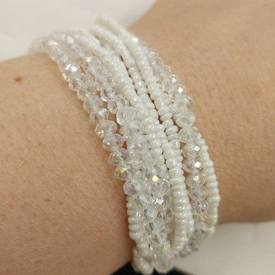 Nine Strand Clear White Small Beaded Magnetic Bracelet w Silver Tone Rhinestone