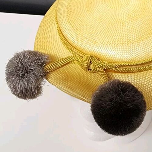 Boating Straw Woven Hat Beige Women's Rene Michaels Roping Brown Pompoms Vintage