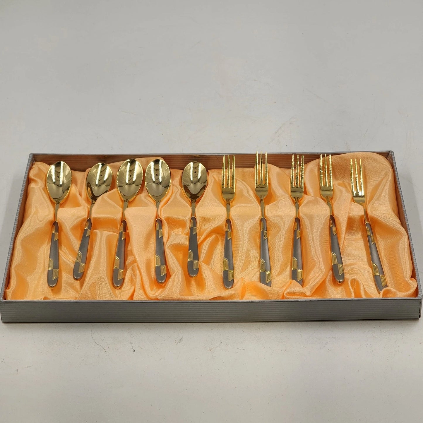 Kum Kang Demitasse Spoon & Fork Set 10 Pcs Gold Tone 18/10 Stainless Steel Boxed