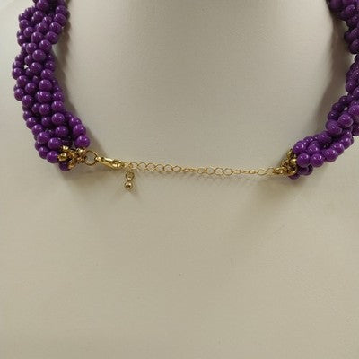 Gold Tone Purple Round Beads Twisted Braided Multi Strands 10" Necklace Jewelry