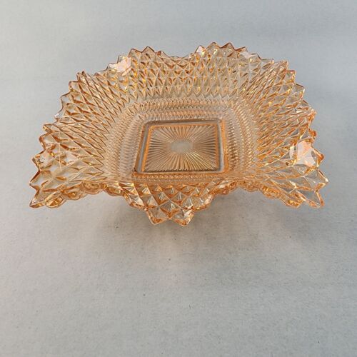 Candy Dish Indiana Glass Peach Color Diamond Point Ruffle Edge 6.5" Sq