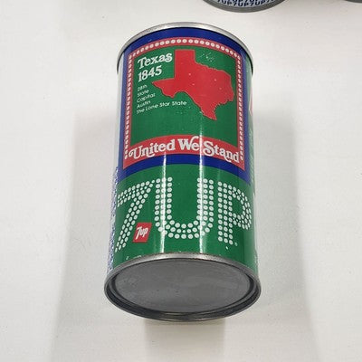 5 United We Stand 7UP Empty Pop Top Cans 1976 Bicentennial States WY TX AR TN WI