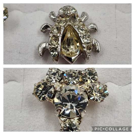 Set of 2 Rhinestone Lapel Pins Silver Tone Ladybug & Cluster Brooch 0.5" Long