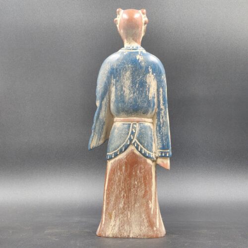 Pair of Asian Chinese Hand Carved Painted Wood Figurine Statues Vintage 14"