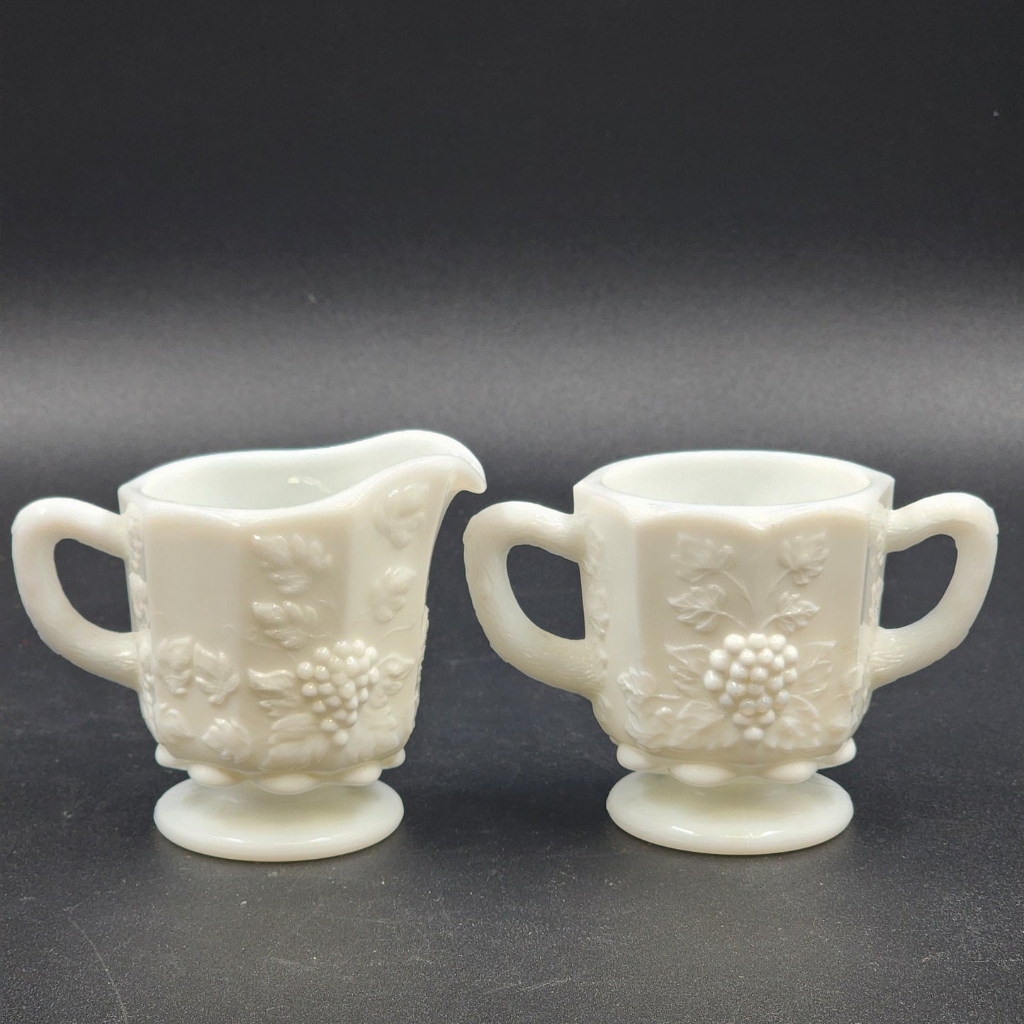 Milk Glass Creamer and Sugar Set Westmoreland Grape Pattern 8-Sided Pedestal Vtg